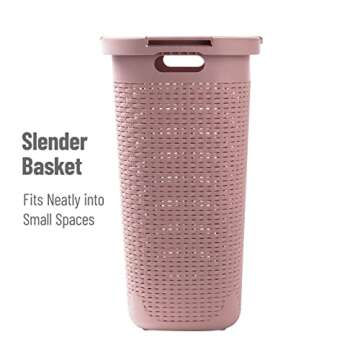 Mind Reader 60L Slim Laundry Hamper, Clothes Basket, Lid, Wicker Design, Plastic, 17.65"L x 13.75"W x 24.15"H, Pink