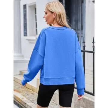 MEROKEETY Women's Oversized Cropped Sweatshirts Crewneck Fleece Workout Pullover Sweater Fall Outfits, Blue, S