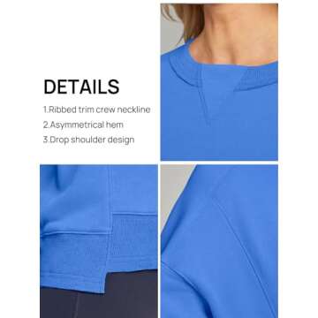 MEROKEETY Women's Oversized Cropped Sweatshirts Crewneck Fleece Workout Pullover Sweater Fall Outfits, Blue, S