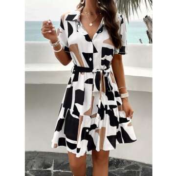 BROVAVE Women's Summer Casual Shirt Dress Short Sleeve V Neck Tie Waist Button Down Mini Dress Black