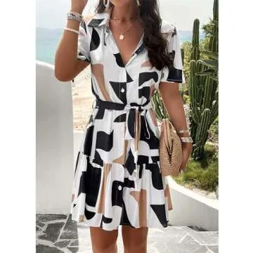 BROVAVE Women's Summer Casual Shirt Dress Short Sleeve V Neck Tie Waist Button Down Mini Dress Black