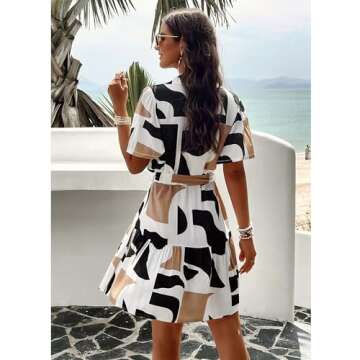 BROVAVE Women's Summer Casual Shirt Dress Short Sleeve V Neck Tie Waist Button Down Mini Dress Black