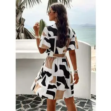 BROVAVE Women's Summer Casual Shirt Dress Short Sleeve V Neck Tie Waist Button Down Mini Dress Black