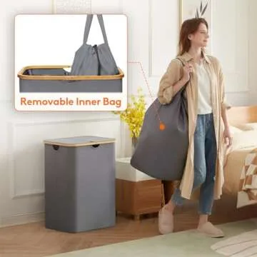 Lifewit 150L Laundry Basket with Lid, Clothes Hampers for Laundry with Bamboo Handles and 2 Removable Laundry Bags, Large Foldable Laundry Hamper for Bedroom, Bathroom, Dorm, Laundry Room, Grey