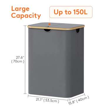 Lifewit 150L Laundry Basket with Lid, Clothes Hampers for Laundry with Bamboo Handles and 2 Removable Laundry Bags, Large Foldable Laundry Hamper for Bedroom, Bathroom, Dorm, Laundry Room, Grey