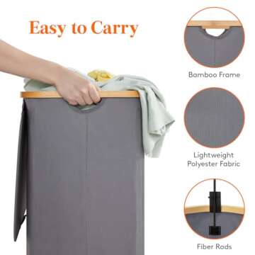 Lifewit 150L Laundry Basket with Lid, Clothes Hampers for Laundry with Bamboo Handles and 2 Removable Laundry Bags, Large Foldable Laundry Hamper for Bedroom, Bathroom, Dorm, Laundry Room, Grey