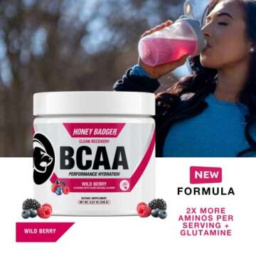 Honey Badger BCAA + EAA Amino Acids Electrolytes Powder, BCAAs + L-Glutamine, Keto, Vegan, Sugar Fre...
