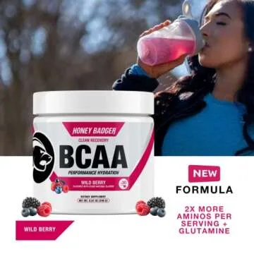 Honey Badger BCAA + EAA Amino Acids Electrolytes Powder, BCAAs + L-Glutamine, Keto, Vegan, Sugar Fre...