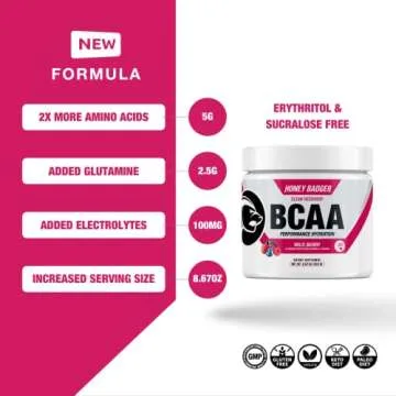 Honey Badger BCAA + EAA Amino Acids Electrolytes Powder, BCAAs + L-Glutamine, Keto, Vegan, Sugar Free for Men & Women, Hydration & Post Workout Muscle Recovery Drink Mix, Wild Berry, 30 Servings