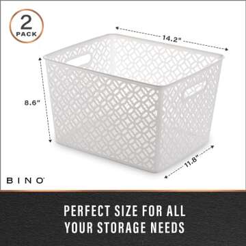 BINO l Plastic Storage Baskets, XLarge - White l THE BLOSSOM COLLECTION l Multi-Use Organizer Bin l Built-in Handles l Plastic Woven Basket for Organizing l Pantry & Home Organizing Basket