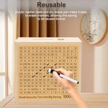 Cash Vault Money Savings Box, Piggy Bank for Adults Kids, Coin Bank for Boys and Girls, 10000 Savings Challenge Box, Wooden Cash Savings Box with 10 Money Target