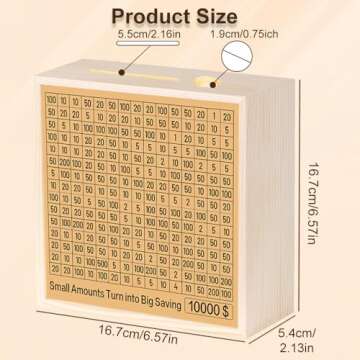 Cash Vault Money Savings Box, Piggy Bank for Adults Kids, Coin Bank for Boys and Girls, 10000 Savings Challenge Box, Wooden Cash Savings Box with 10 Money Target