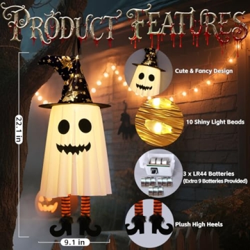 3 Packs Halloween Hanging Ghosts Decorations With Glowing Lights and Witch Hat