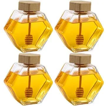 DEAYOU 4 Pack 7 Oz Honey Pot, Glass Honey Pot with Wooden Dipper, Honey Container Storage, Clear Honeypot for Home, Kitchen