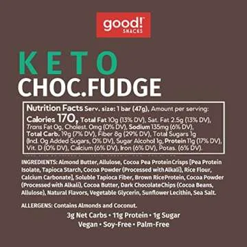 good! Snacks Keto Vegan Protein Bars, Chocolate Fudge, Gluten Free Keto Snack Bar, Low Carb, Low Sugar Meal Replacement, High Protein Healthy Snacks, 11g Protein, 3g Net Carbs, 12 Bars