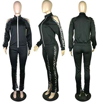 Women 2 Piece Tracksuit Set - Casual Leopard Print Sweat Suit Long Sleeve Striped Zipper Jacket + Jogger Pants Lounge Set Black Large