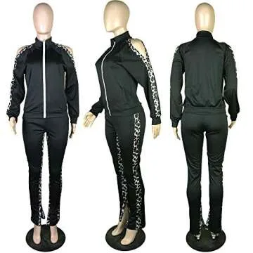 Women 2 Piece Tracksuit Set - Casual Leopard Print Sweat Suit Long Sleeve Striped Zipper Jacket + Jogger Pants Lounge Set Black Large