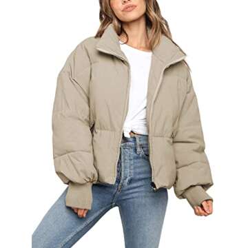 KYL Women's Winter Puffer Jacket Oversized Zip-Up Quilted Puffy Bubble Short Down Coat Beige Small