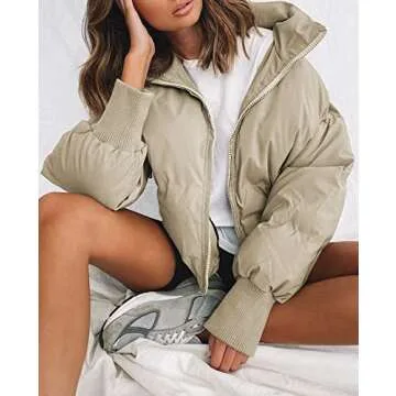 KYL Women's Winter Puffer Jacket Oversized Zip-Up Quilted Puffy Bubble Short Down Coat Beige Small