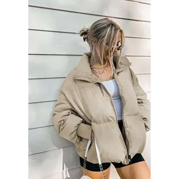 KYL Women's Winter Puffer Jacket Oversized Zip-Up Quilted Puffy Bubble Short Down Coat Beige Small