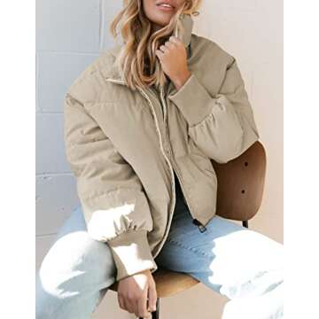 KYL Women's Winter Puffer Jacket Oversized Zip-Up Quilted Puffy Bubble Short Down Coat Beige Small