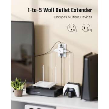 SUPERDANNY【2 Pack】 Multi Plug Outlet Extender, 5 Way Outlet Splitter, 90 Degree Angled Side Outlet Adapter, 3 Prong Flat Wall Plug Expander (15A/1875W) for Home Dorm Room, Cruise Essentials, White