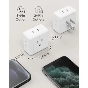 SUPERDANNY【2 Pack】 Multi Plug Outlet Extender, 5 Way Outlet Splitter, 90 Degree Angled Side Outlet Adapter, 3 Prong Flat Wall Plug Expander (15A/1875W) for Home Dorm Room, Cruise Essentials, White