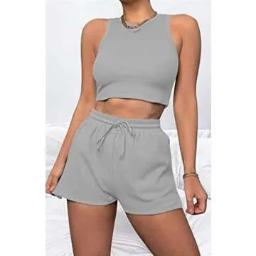 Lingswallow 2 Piece Women Lounge Sets - Sleeveless Crop Top and Shorts Waffle Lounge Set Tracksuits Sweatsuits for Women