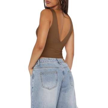 REORIA Women's Summer Sexy Plunge Deep V Neck Sleeveless V Backless Tank Top Going Out Double Lined ...