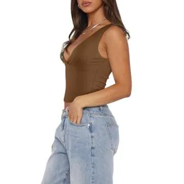 REORIA Women's Summer Sexy Plunge Deep V Neck Sleeveless V Backless Tank Top Going Out Double Lined Workout Yoga Crop Tops Coffee Medium