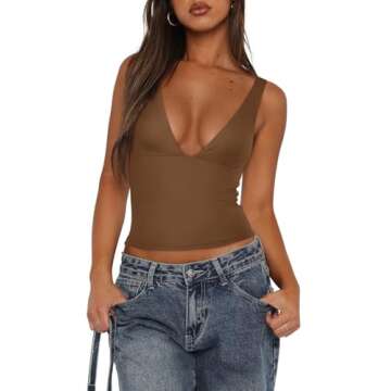 REORIA Women's Summer Sexy Plunge Deep V Neck Sleeveless V Backless Tank Top Going Out Double Lined Workout Yoga Crop Tops Coffee Medium