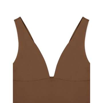 REORIA Women's Summer Sexy Plunge Deep V Neck Sleeveless V Backless Tank Top Going Out Double Lined Workout Yoga Crop Tops Coffee Medium