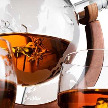 Etched World Decanter whiskey Globe - The Wine Savant Whiskey Gift Set Globe Decanter with Antique Airplane, Whiskey Stones and 4 World Map Glasses, Pilot Gift - Alcohol Related Gift, HOME BAR DÉCOR