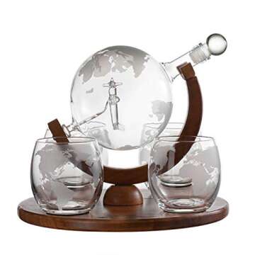 Etched World Decanter whiskey Globe - The Wine Savant Whiskey Gift Set Globe Decanter with Antique Airplane, Whiskey Stones and 4 World Map Glasses, Pilot Gift - Alcohol Related Gift, HOME BAR DÉCOR