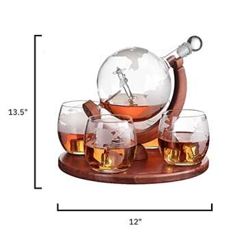 Etched World Decanter whiskey Globe - The Wine Savant Whiskey Gift Set Globe Decanter with Antique Airplane, Whiskey Stones and 4 World Map Glasses, Pilot Gift - Alcohol Related Gift, HOME BAR DÉCOR