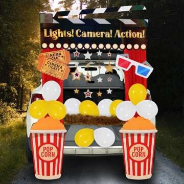 JOYIN Trunk or Treat Cinema Car Decoration Kit, Red Carpet Popcorn Bucket Clapperboard 3D Glasses Stickers Car Archway Garage Decorations for Halloween SUV Trunk Entryway Haunted House Outdoor Decor