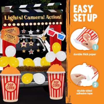 JOYIN Trunk or Treat Cinema Car Decoration Kit, Red Carpet Popcorn Bucket Clapperboard 3D Glasses Stickers Car Archway Garage Decorations for Halloween SUV Trunk Entryway Haunted House Outdoor Decor