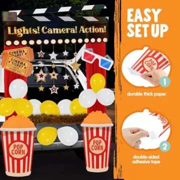 JOYIN Trunk or Treat Cinema Car Decoration Kit, Red Carpet Popcorn Bucket Clapperboard 3D Glasses Stickers Car Archway Garage Decorations for Halloween SUV Trunk Entryway Haunted House Outdoor Decor