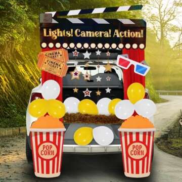 JOYIN Trunk or Treat Cinema Car Decoration Kit, Red Carpet Popcorn Bucket Clapperboard 3D Glasses Stickers Car Archway Garage Decorations for Halloween SUV Trunk Entryway Haunted House Outdoor Decor