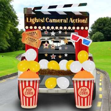 JOYIN Trunk or Treat Cinema Car Decoration Kit, Red Carpet Popcorn Bucket Clapperboard 3D Glasses Stickers Car Archway Garage Decorations for Halloween SUV Trunk Entryway Haunted House Outdoor Decor