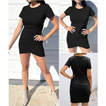 BTFBM Women's 2025 Summer Casual Beach Dresses Crew Neck Short Sleeve Wrap Party Club Mini Ruched Bodycon T Shirt Dress(Black, Large)