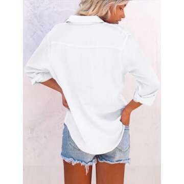 Aoudery Womens Button Down Shirts Cotton Dress Shirt Long Sleeve V Neck Solid Blouse Tops Casual Tunics with Pockets - All White S