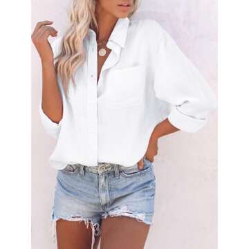 Aoudery Womens Button Down Shirts Cotton Dress Shirt Long Sleeve V Neck Solid Blouse Tops Casual Tunics with Pockets - All White S