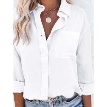 Aoudery Womens Button Down Shirts Cotton Dress Shirt Long Sleeve V Neck Solid Blouse Tops Casual Tunics with Pockets - All White S