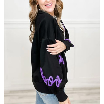 Yiulangde Womens Halloween Ghost Sweatshirt Spooky Season Funny Graphic Sweaters Crewneck Sweatshirt Halloween Party Clothes Black