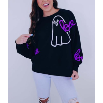 Yiulangde Womens Halloween Ghost Sweatshirt Spooky Season Funny Graphic Sweaters Crewneck Sweatshirt Halloween Party Clothes Black