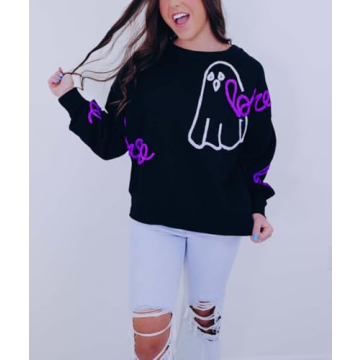 Yiulangde Womens Halloween Ghost Sweatshirt Spooky Season Funny Graphic Sweaters Crewneck Sweatshirt Halloween Party Clothes Black