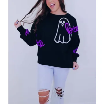 Yiulangde Womens Halloween Ghost Sweatshirt Spooky Season Funny Graphic Sweaters Crewneck Sweatshirt Halloween Party Clothes Black