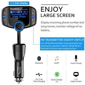 (Upgraded Version) Bluetooth FM Transmitter, Sumind Wireless Radio Adapter Hands-Free Car Kit with 1.7 Inch Display, QC3.0 and Smart 2.4A Dual USB Ports, AUX Input/Output, TF Card Mp3 Player