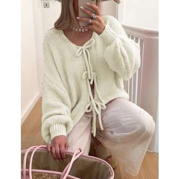 Lumister Cute Oversized Cardigan Sweaters for Women Y2K Long Sleeve V Neck Bow Tie Front Cadigan Knitwears Bow Tops (0737-Beige-S)